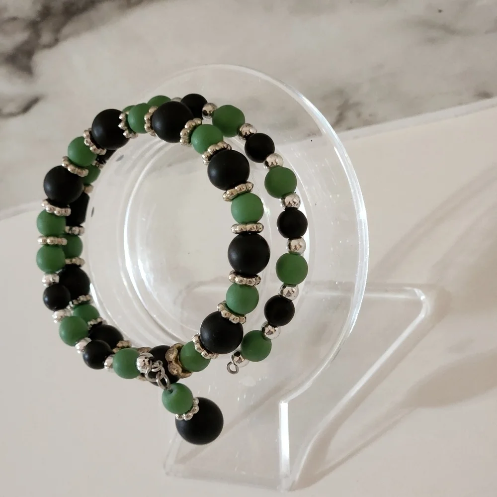 Hand Crafted Black and Green Beaded Jewelry Set Wrapped Bracelet Hoop Earrings